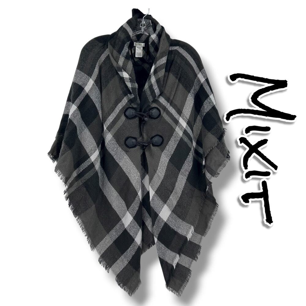 Mixit Heritage Plaid Shawl Cape Poncho Toggle Front Gray Black White Womens OS